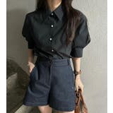 ブラック | Vネック襟付きシングルブレストパフスリーブ無地シャツ | Ulysses