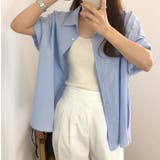 ブルー | 襟付き半袖シングルブレストドロップドショルダースリーブ無地シャツ | Ulysses