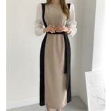 クルーネック長袖リボン付き配色ワンピース | Ulysses | 詳細画像1 