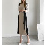 ブラック×ベージュ | クルーネック長袖リボン付き配色ワンピース | Ulysses