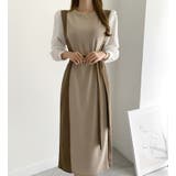 ブラウン×ベージュ | クルーネック長袖リボン付き配色ワンピース | Ulysses