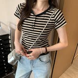 ブラック | Vネックボタン付き半袖ボーダーショートTEE | Ulysses