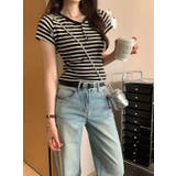 Vネックボタン付き半袖ボーダーショートTEE | Ulysses | 詳細画像1