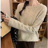 ベージュ | クルーネックドロップドショルダースリーブボーダートップス | Ulysses