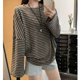 グレー | オーバーサイズクルーネックドロップドショルダースリーブボーダートップス | Ulysses
