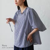ネイビー | ギンガムチェック2WAYバルーン袖トップス | Vita Felice