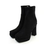 ブラックスエード | スクエアトゥ厚底プラットフォームストレッチショートブーツ | VIVIAN COLLECTION