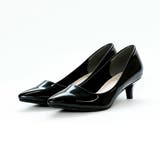 ブラックエナメル | シンプルプレーンローヒールポインテッドトゥパンプス | VIVIAN COLLECTION