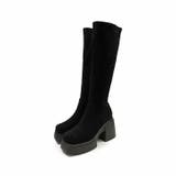 ブラックスエード | 厚底チャンキーヒールストレッチロングブーツ | VIVIAN COLLECTION