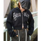 ブラック | ラインストーン裏起毛ショートジップパーカー | WEGO【WOMEN】