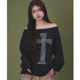 ブラック | スタッズクロスオフショルスウェット | WEGO【WOMEN】