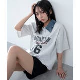 杢グレー | デニム襟付きロゴT | WEGO【WOMEN】