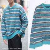 01.ターコイズブルー | ジャガードボーダー柄オーバーサイズクルー | WESTSEA