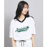 オフホワイト(003) | 【接触冷感】Vネック衿付きアップリケビッグTシャツ | PINK-latte