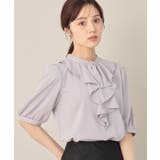 グレー(512) | 【華やか・5分袖・通勤】配色フリルタイブラウス | Couture brooch