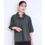 【洗える/ひんやり/S-LL】フェミニンもクールも フリルリボン5分袖ブラウス | SHOO・LA・RUE | 詳細画像1