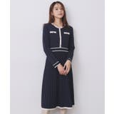 ネイビー(594) | バイカラードッキング風ニットワンピース【洗濯機OK/抗ピル】 | index