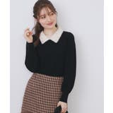 ブラック(019) | ダブルビジューフェザー衿付きニット【洗濯機OK】 | index