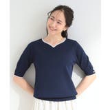 【S-LL/洗濯機可】バイカラーが目を引く 5分袖ハートネックニット | SHOO・LA・RUE | 詳細画像9 