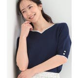 ネイビー(094) | 【S-LL/洗濯機可】バイカラーが目を引く 5分袖ハートネックニット | SHOO・LA・RUE
