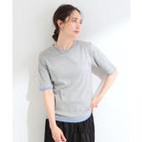 【S-LL/洗濯機可】二の腕隠れる 配色レイヤード風 5分袖Tシャツ | SHOO・LA・RUE | 詳細画像1 