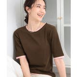 ブラウン(544) | 【S-LL/洗濯機可】二の腕隠れる 配色レイヤード風 5分袖Tシャツ | SHOO・LA・RUE