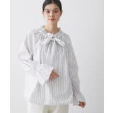 【洗える】フリルボウタイストライプブラウス | Dessin | 詳細画像2 