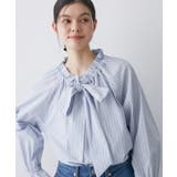 サックスブルー(390) | 【洗える】フリルボウタイストライプブラウス | Dessin