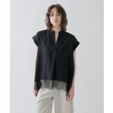 ブラック(019) | 【ひんやり／体型カバー】レースフレンチスリーブ スキッパーブラウス | cloenc