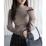 グレージュ | 袖配色スリットリブハイネックニット | YENNA