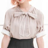 グレージュ | 配色ボウタイ半袖ブラウス 韓国ファッション オルチャン 夢展望 | 夢展望