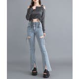 スリット入りカットアウトリボンフレアデニムパンツ 量産型 地雷系 夢展望 | DearMyLove | 詳細画像6 