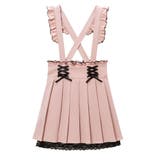 膝上 ピンク×ブラック | サス付フリルレースアッププリーツスカート 量産型 地雷系 夢展望 | DearMyLove