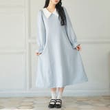 ロング ブルー×ホワイト | 選べる丈美シルエット長袖ワンピース 韓国 夢展望 | 夢展望