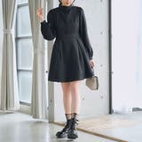 ミニ ブラック | フリルスタンドカラー長袖ワンピース 韓国 夢展望 | 夢展望