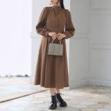 ロング チョコブラウン | フリルスタンドカラー長袖ワンピース 韓国 夢展望 | 夢展望
