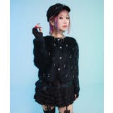 ブラック | ビジューふわふわシャギーニットカーディガン 韓国 夢展望 | 夢展望