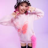 ピンク | ふわふわダメージ加工バタフライビジューニットトップス 韓国 夢展望 | 夢展望