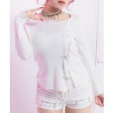 ホワイト | キラキラリボンパーツ付リブカットソートップス【大きいサイズ有】 韓国 夢展望 | 夢展望