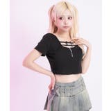 ブラック | リボン付ビジュージップ半袖クロップド丈半袖カットソー 韓国 夢展望 | 夢展望