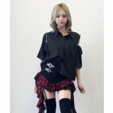 ブラック | インパクト柄配色肩ジップ開き半袖シャツトップス 韓国 夢展望 | 夢展望