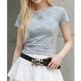 サックス | イニシャルチャーム付 タイダイチェック柄 クロップドTシャツカットソートップス | 夢展望