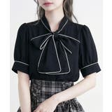 ブラック | 配色パイピングボウタイブラウス 韓国 夢展望 Rose | 夢展望