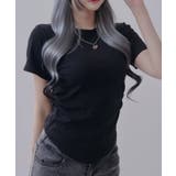 ブラック | 脇シャーリング半袖Tシャツ カットソー 韓国 | 夢展望
