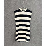 5-5アイボリー×ブラック | SHISKY オーバーサイズワイドボーダースリーブレスドレス ノースリーブワンピ… | ZI-ON