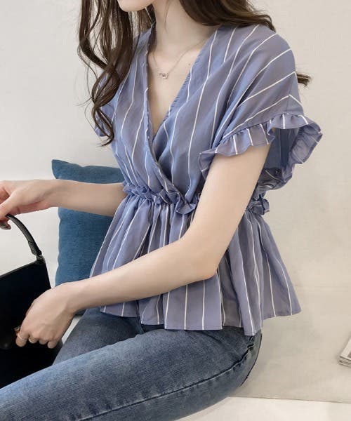520u*美品 トゥジュ ストライプ カシュクール フリル ブラウス