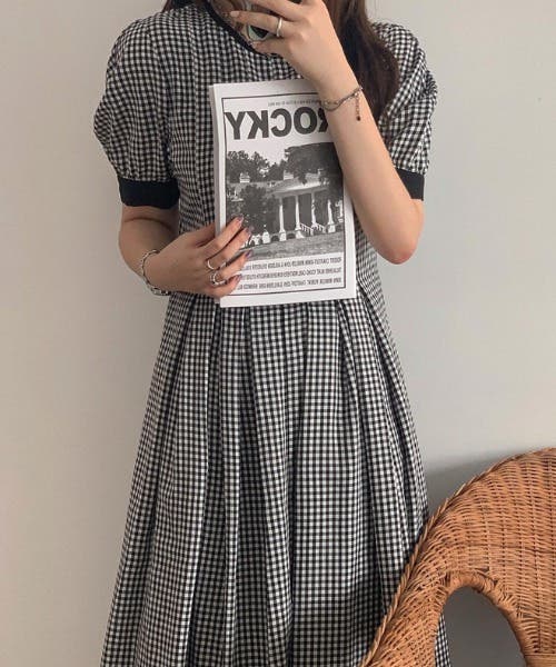 フロントタックパフスリーブギンガムチェックロングワンピース