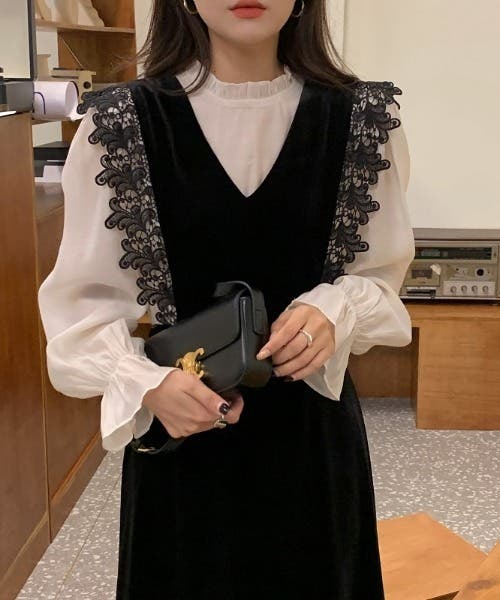 レイヤード風異素材ドッキングベロアワンピース[品番：ABIW0009052