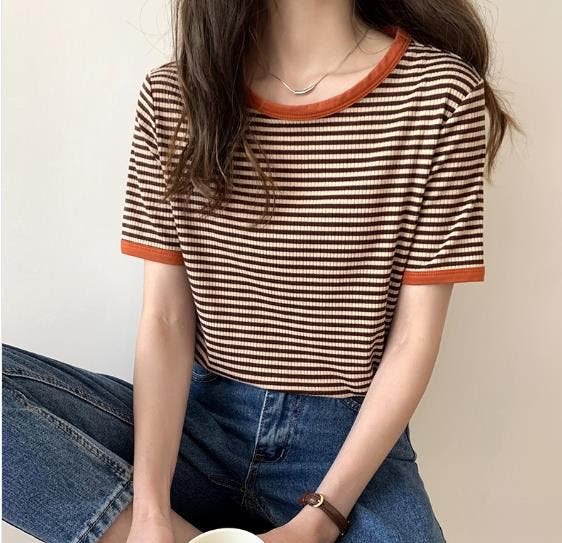 配色パイピングカットソーボーダーTee(半袖）[品番：ABIW0000853