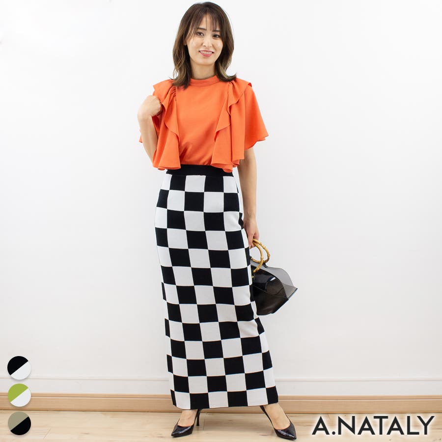 sheller シェリエ チェックブロックスカート 厚手 ニットスカート sheller ブロックチェックニットトップス& ブロックチェック